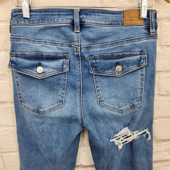 American Eagle Distressed High Rise Jegging Medium Wash Denim Flap Jeans Sz 6R - Picture 7 of 15